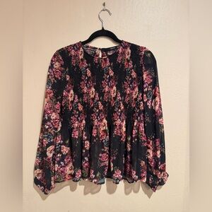 Madam Black and Pink Floral Blouse with smocking detail
